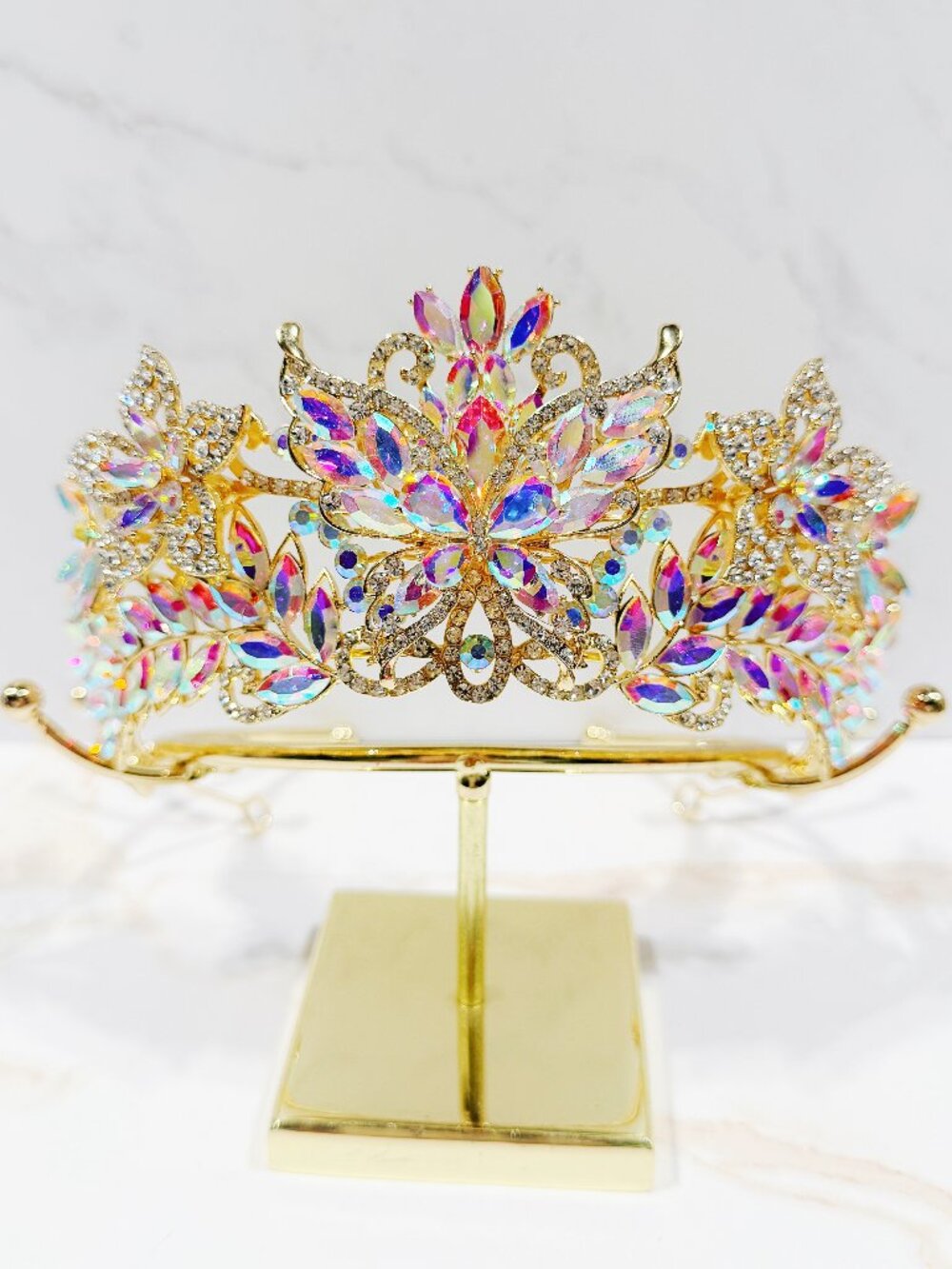 AB Crystal Butterfly Tiara Crown Gold Tone Pageant Prom Wedding Headpiece